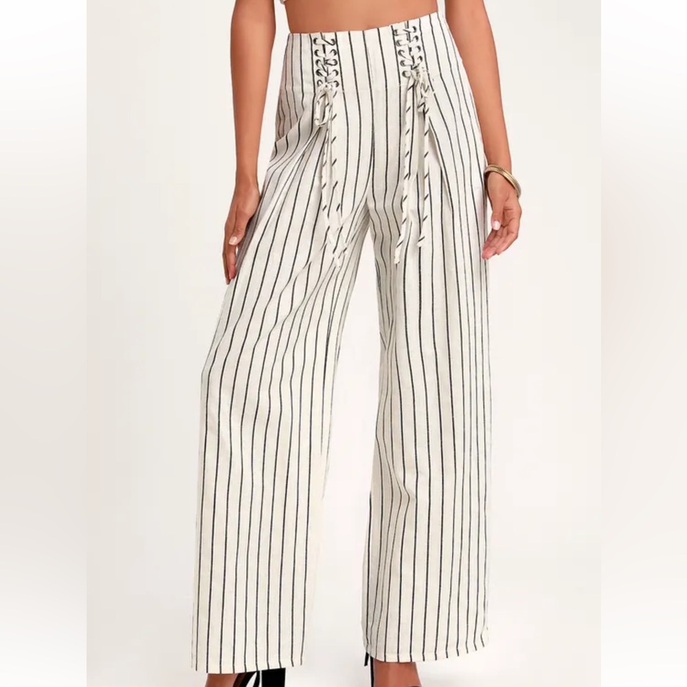 Lulus- Henmar Ivory Striped Lace-Up Wide-Leg Pants